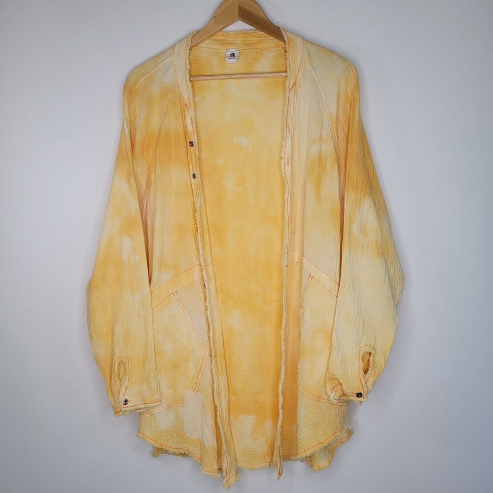 ANTHROPOLOGIE FLAWLESS Yellow Gauzy Cotton Shirt Sz M Tie Dye Oversized Longline - Picture 4 of 11